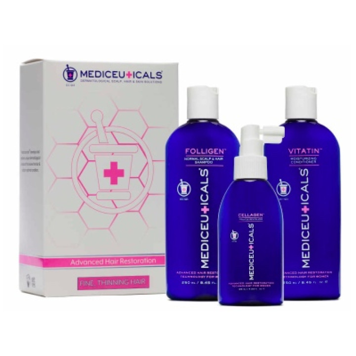 Набір для стимулювання росту волосся для жінок з тонким волоссям Advanced Hair Restoration Dry Thinning Hair Mediceuticals: Шампунь Folligen 250ml, Кондиціонер Vita n 250ml, Сироватка Cellagen 125ml 